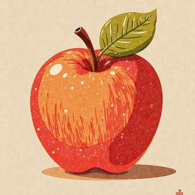 The primary subject of the image is a red apple with a green leaf on top. The apple is placed on a wooden surface, which serves as the setting. The visual style of the image is a combination of digital art and illustration, creating a vibrant and detailed representation of the apple. The dominant colors in the image are red and green, giving the apple a fresh and appetizing appearance.